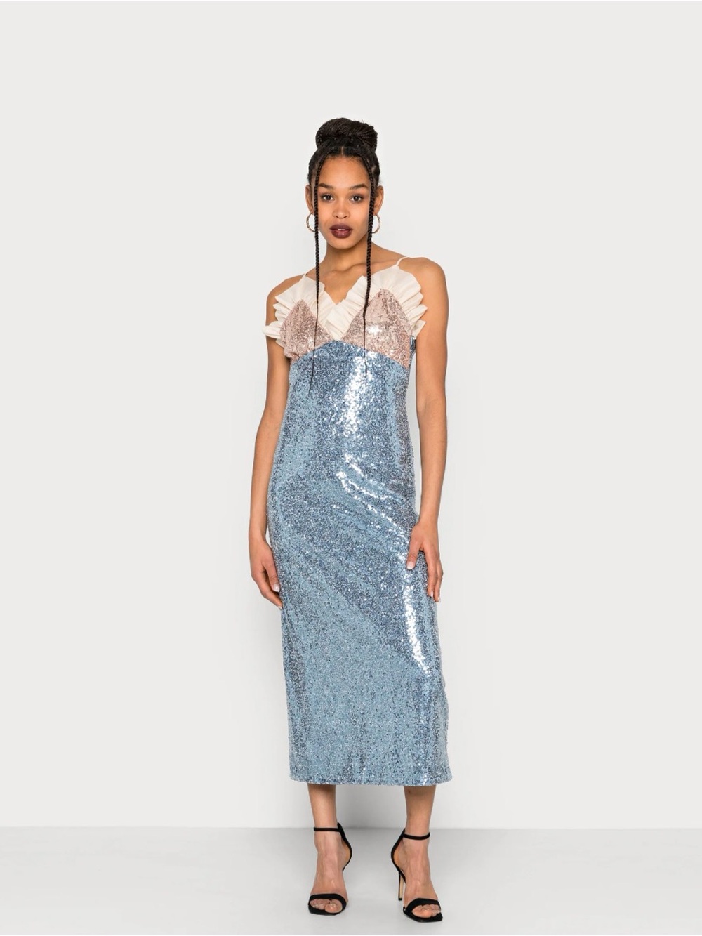 Sister Jane Element Sequin Cami Dress size medium ruffle sequinned blue gold